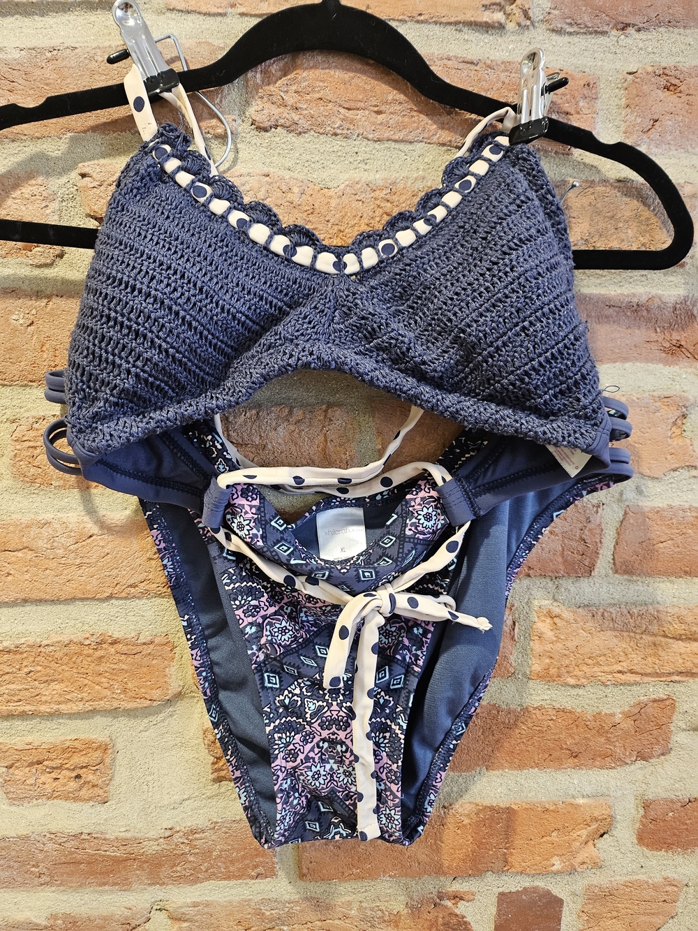 Navy Crochet-Top One-Piece Swimsuit with Patterned Tie